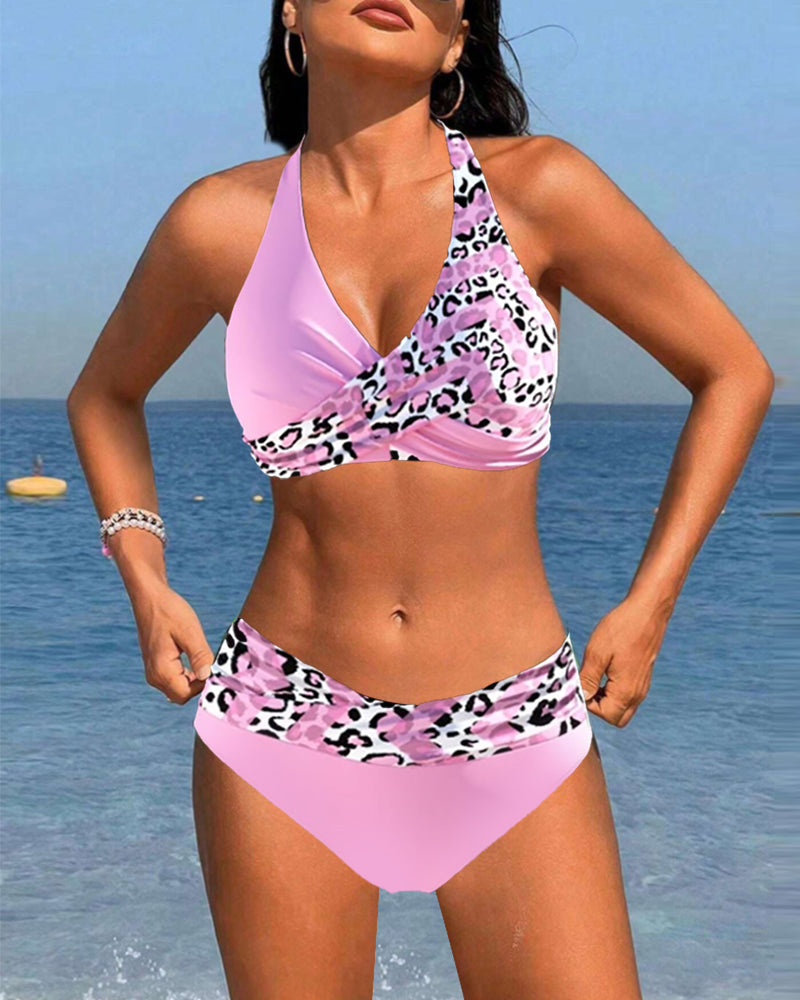 BONNIE | Bikini met halternek en luipaard patchwork print