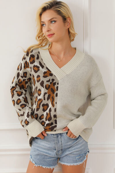 HEMERA | Luipaard Sweater met V-hals en losse schouders