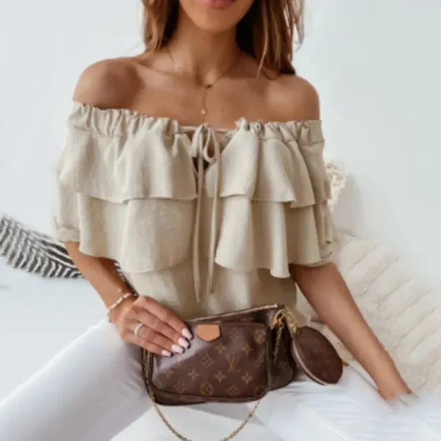 HONEY | Off-shoulder chiffon damesblouse met ruches