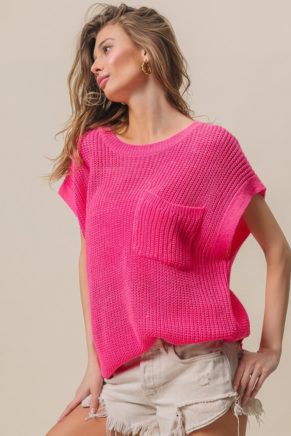 ULYSSA | Sweater met korte mouwen en patchzakken