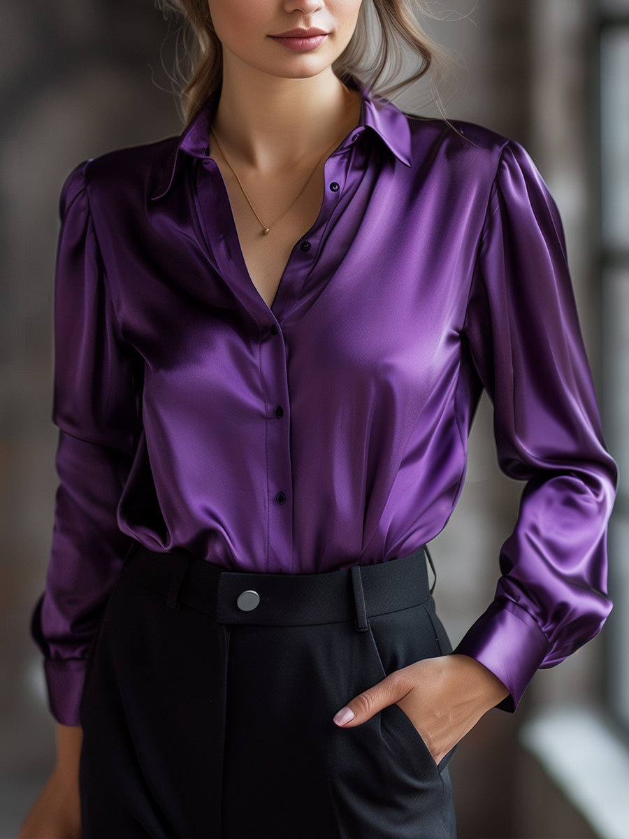 Elegante Zwarte Satijnen Blouse met Lange Mouwen