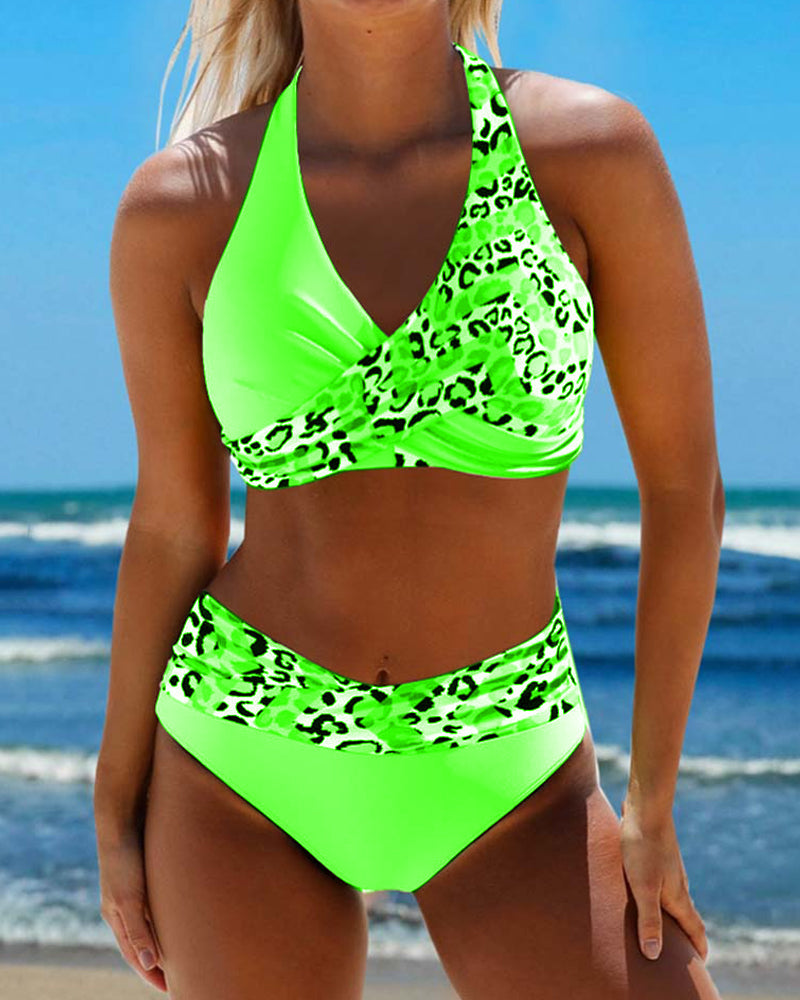 BONNIE | Bikini met halternek en luipaard patchwork print