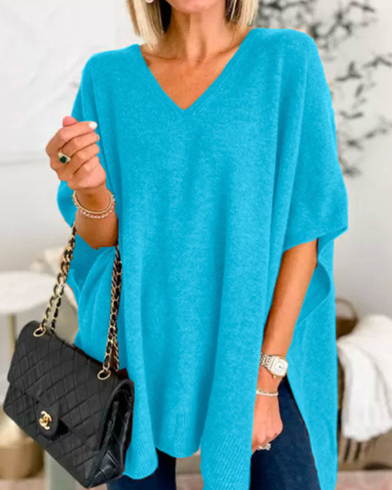 Adeline - Effen Poncho Sweater met V-hals en losse pasvorm