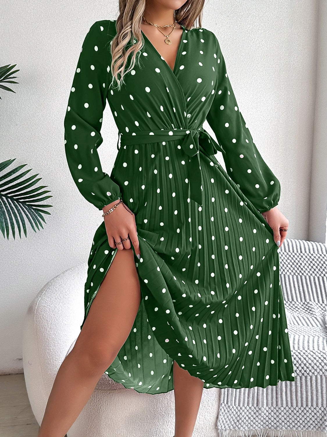 PERLA | Gestrikte polka dot midi-jurk met lange mouwen