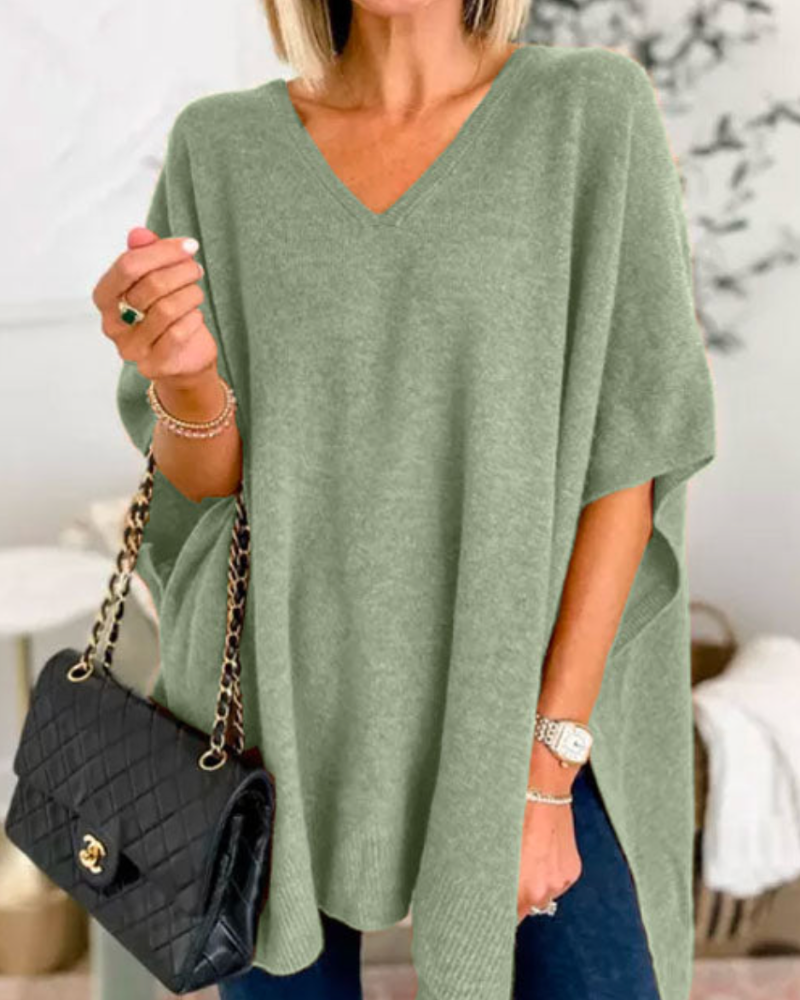 Adeline - Effen Poncho Sweater met V-hals en losse pasvorm