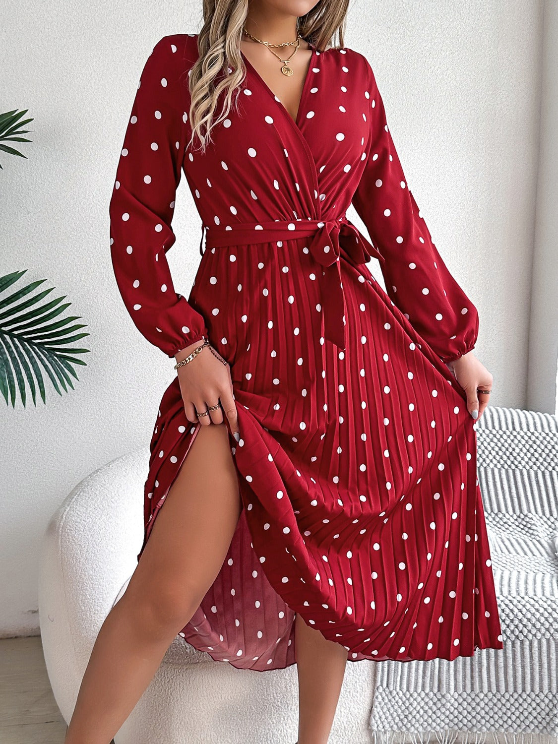 PERLA | Gestrikte polka dot midi-jurk met lange mouwen