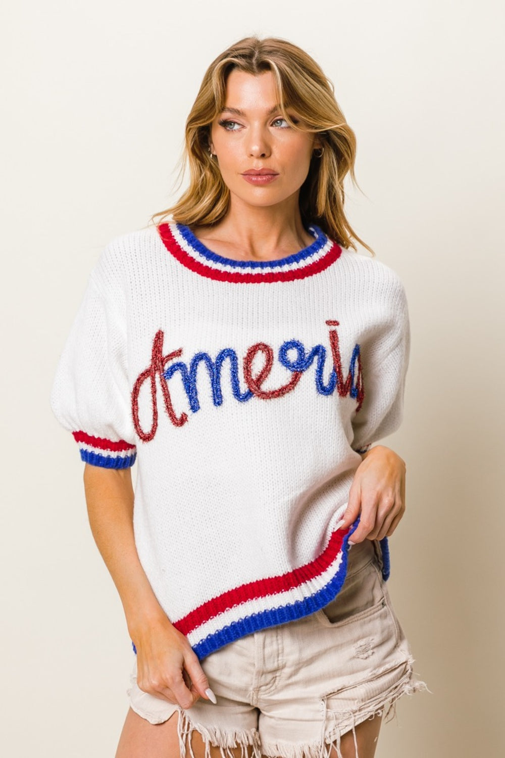 RILEY | Metallic Amerika Letter Korte Mouw Sweater