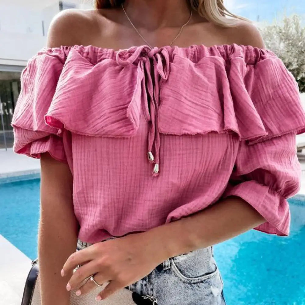 IANNA | Off-shoulder damesblouse met ruches en strikkoord