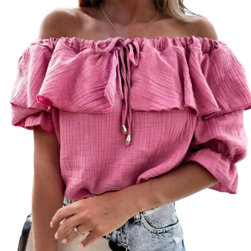 IANNA | Off-shoulder damesblouse met ruches en strikkoord