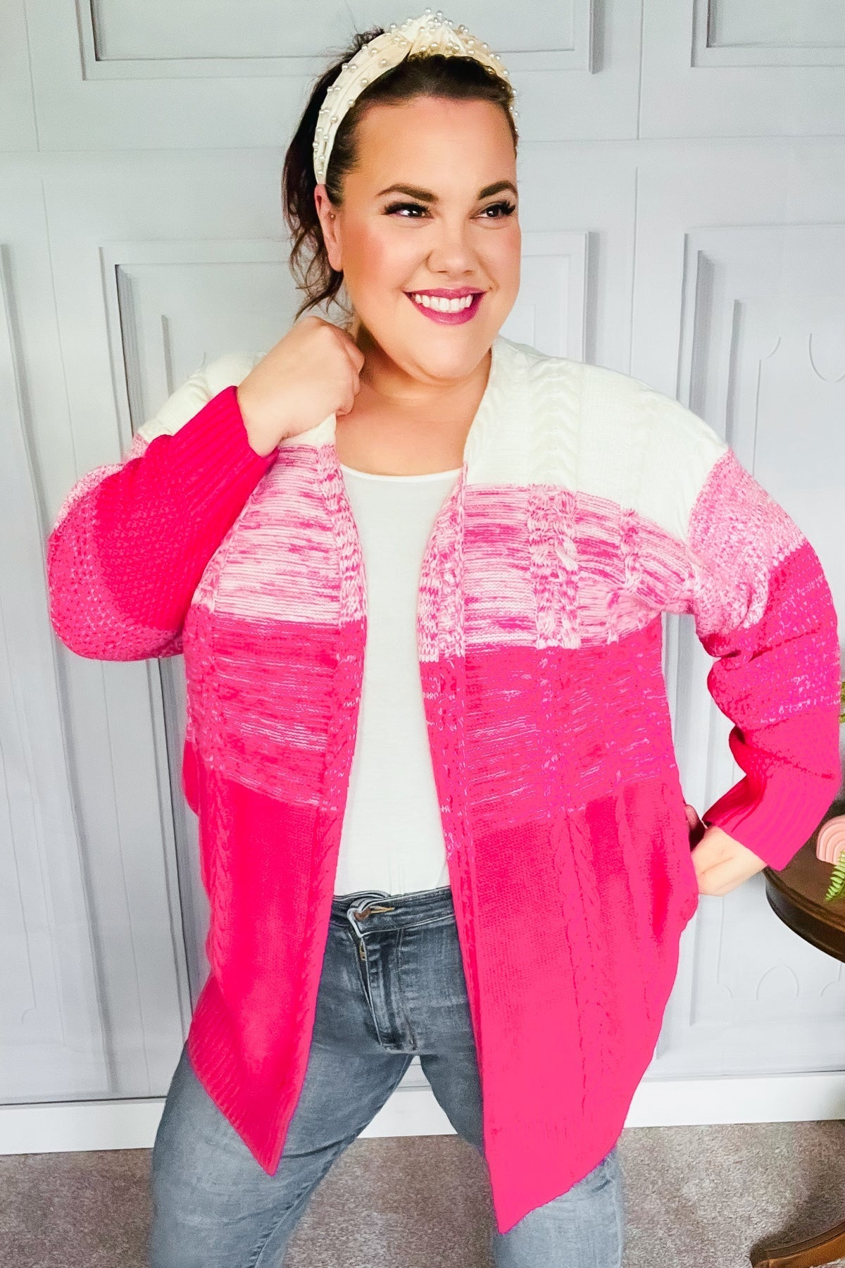 ARIA | Fuchsia Ombre gebreid vest met kabel