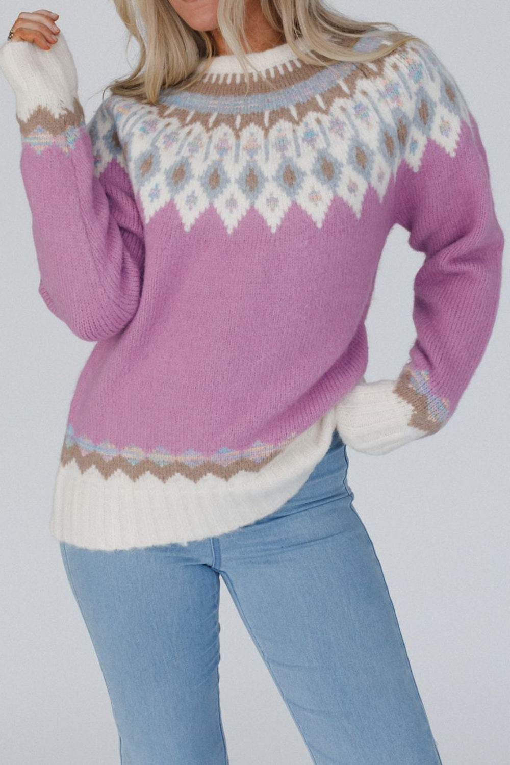 Geometrische Ronde Hals Sweater met Lange Mouwen