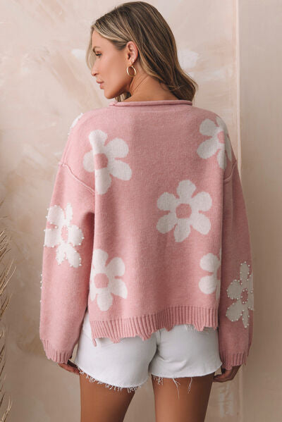 CECILE | Sweater met bloemmotief en pareldetail en rolsplit