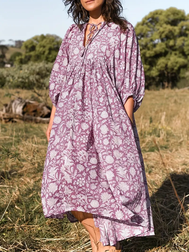 MORGANA | Boho jurk met losse pasvorm en plantenprint voor vrouwen