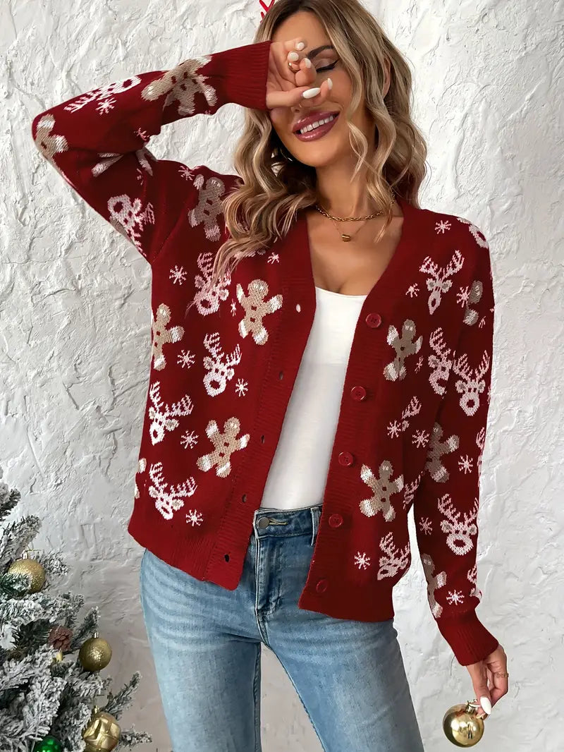 Kerst sweater met knopen en kerstprint