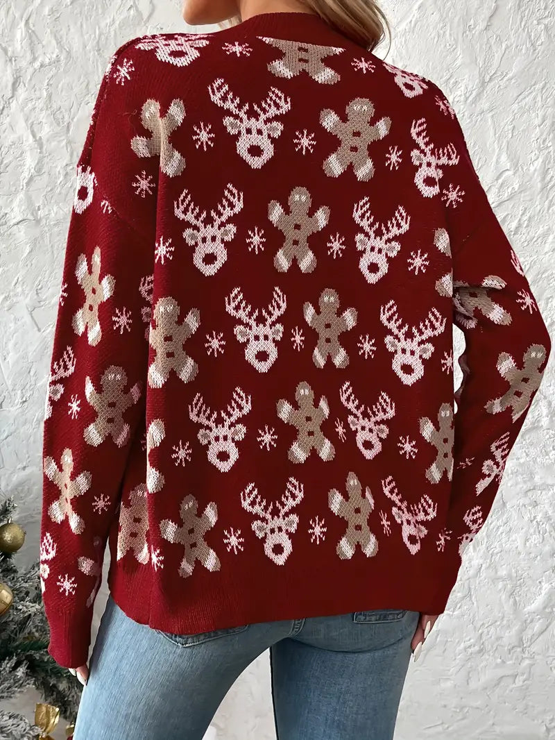 Kerst sweater met knopen en kerstprint