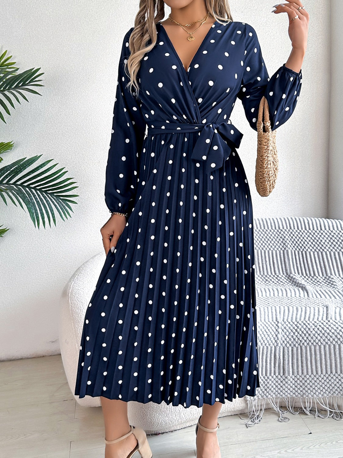 PERLA | Gestrikte polka dot midi-jurk met lange mouwen