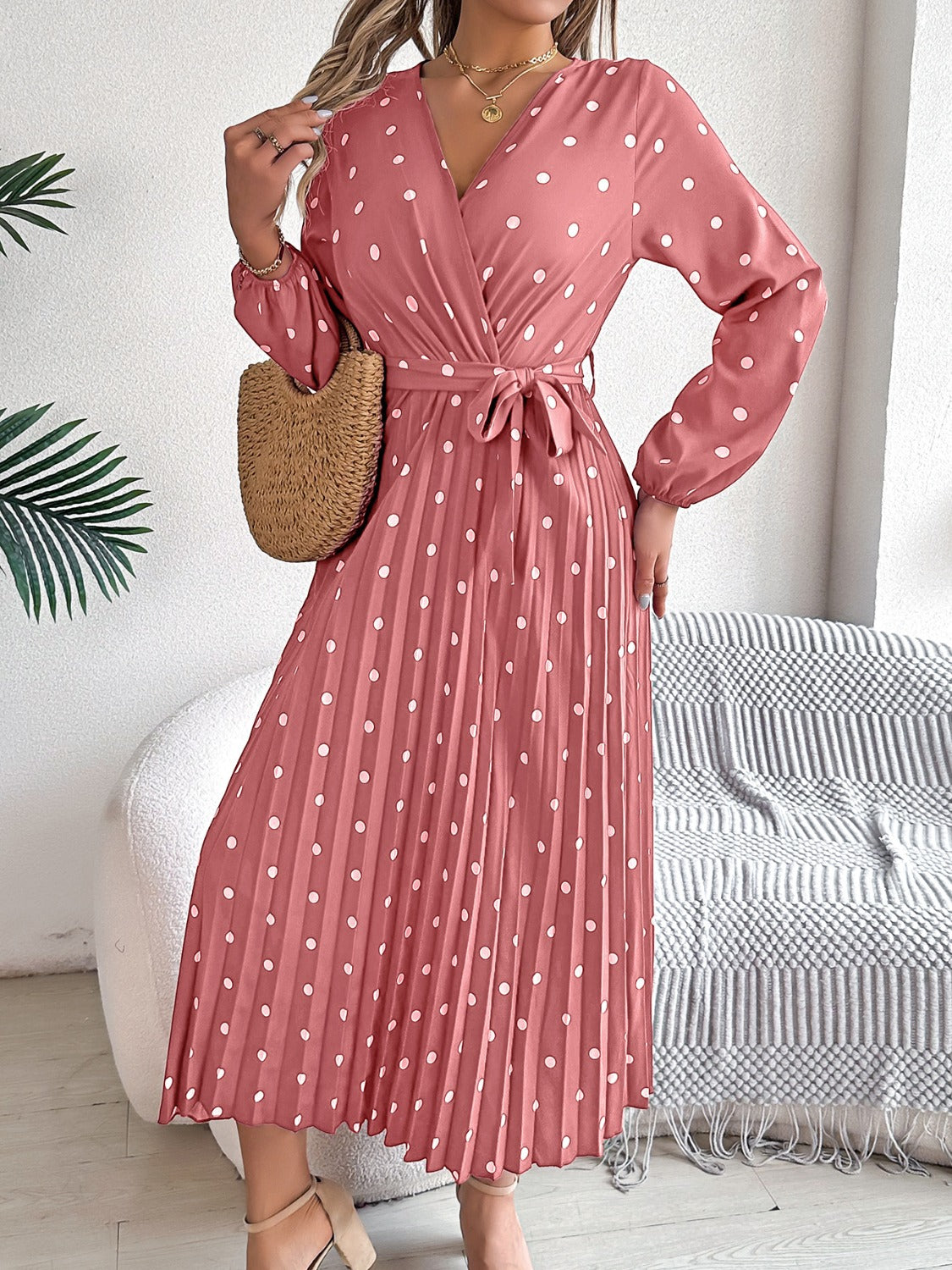 PERLA | Gestrikte polka dot midi-jurk met lange mouwen